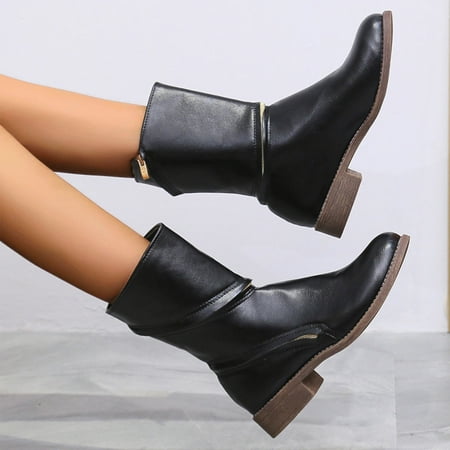 

VKEKIEO Retro Sneakers For Women Peak Toe Mid Heel Booties Ornamental Zipper Zip-Up Black Fall Boots