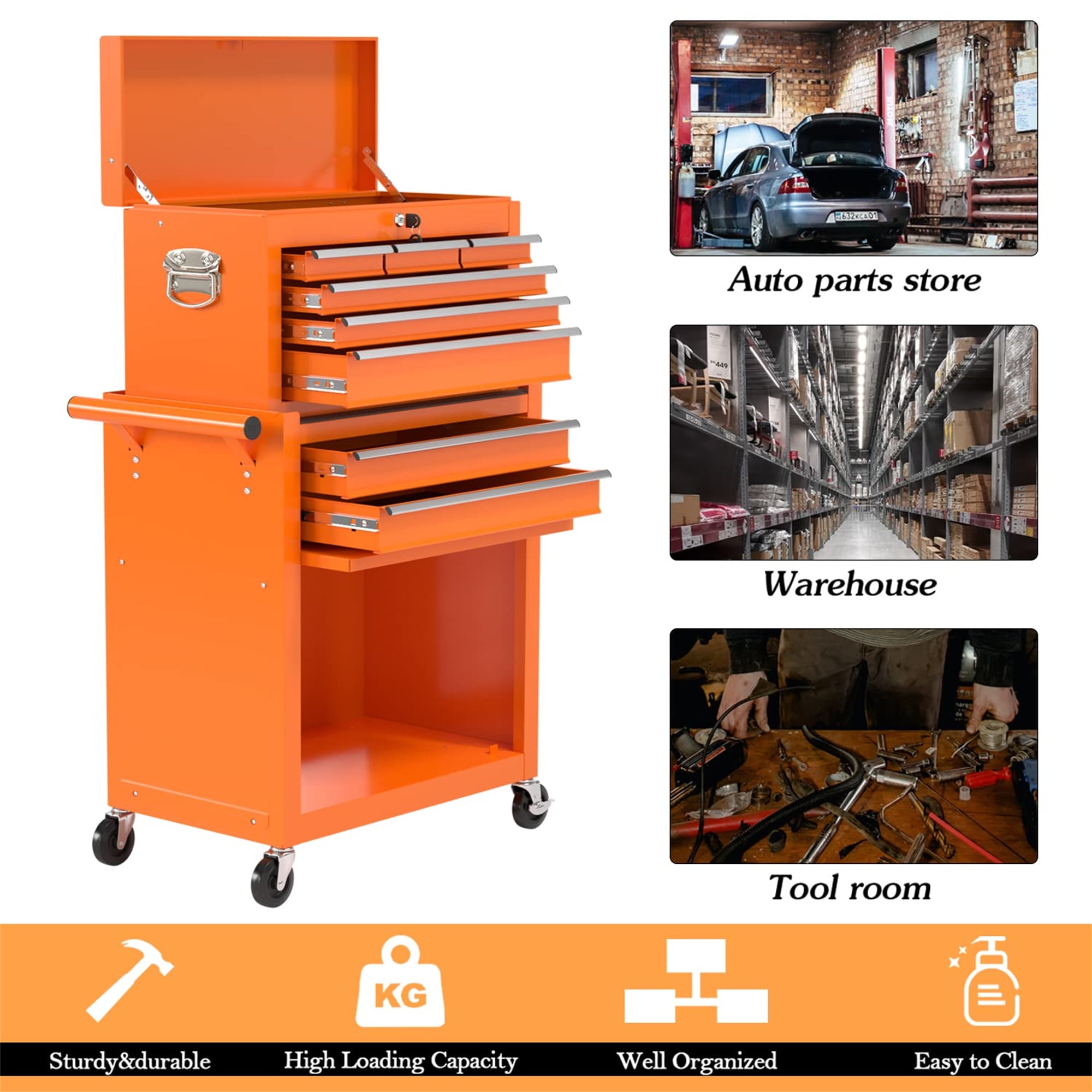 Aukfa Tool Chest, 2 in 1 Steel Rolling Tool Box & Cabinet On Wheels for Garage, 8-Drawer, Orange