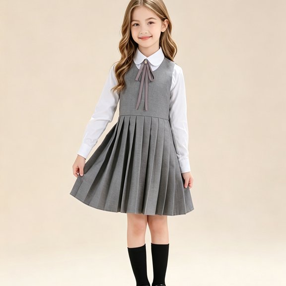 School Uniform Jumper Dress for Girls Solid Color Sleeveless Vintage Pleated Dress With Button Detail Formal