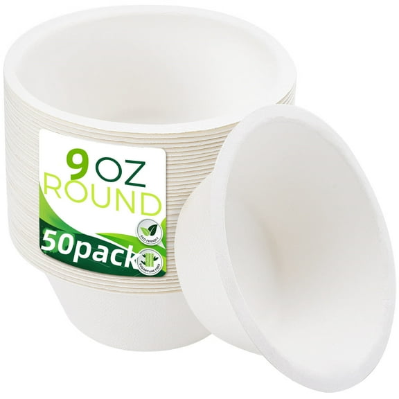 50 PCS Small Paper Bowls,White Disposable Bowls,100% Compostable Biodgradble Bowl,9 OZ White Party Paper Bowls,Natural Sugarcane Fibers Bowls for Parties Catering