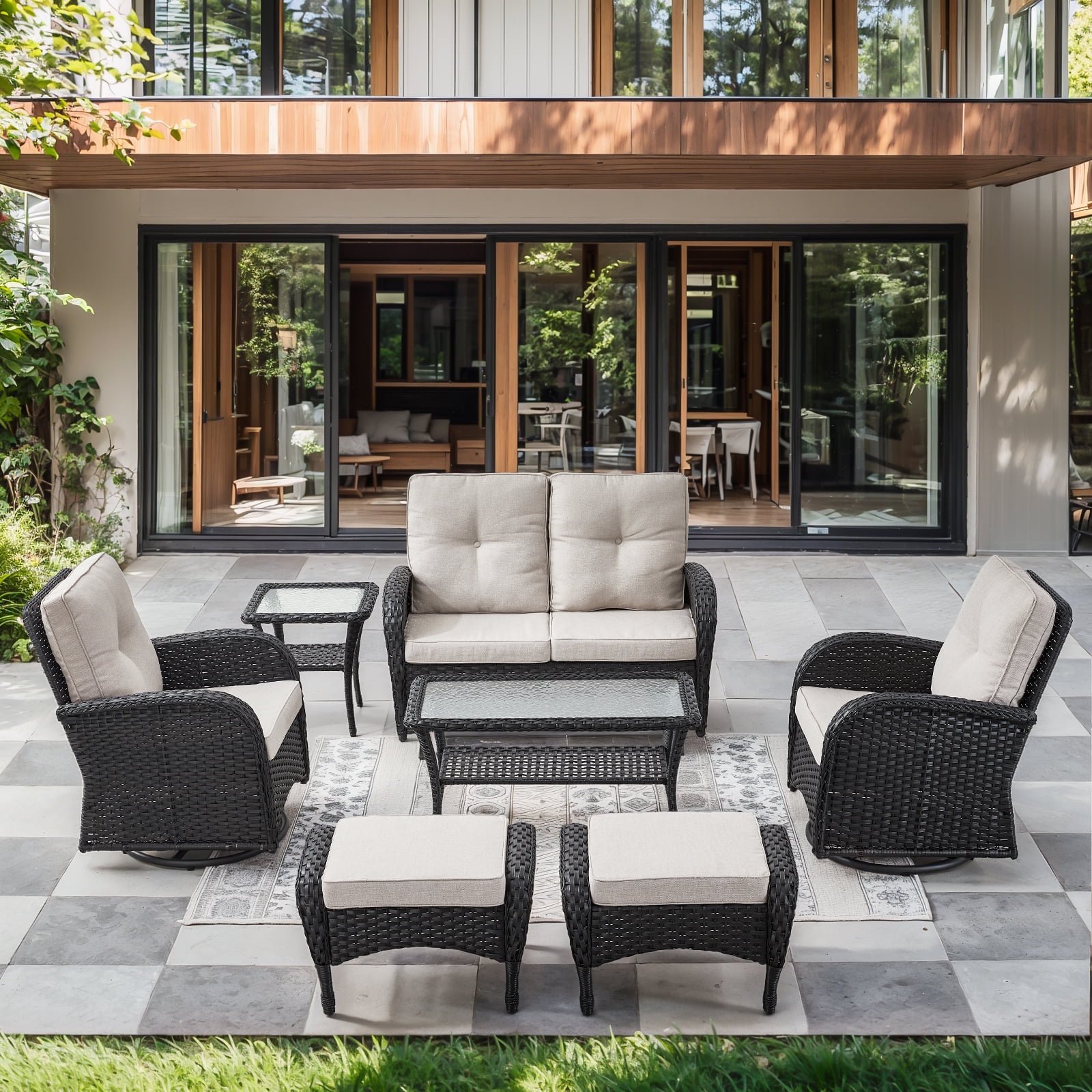 Opohoro 7-Piece Outdoor Conversation Set with Swivel Rocking Chairs, Glider Loveseat and Ottomans, Coffee & Side Tables, Black/Beige