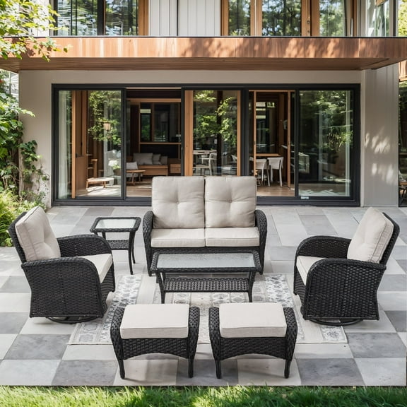 Opohoro 7-Piece Outdoor Conversation Set with Swivel Rocking Chairs, Glider Loveseat and Ottomans, Coffee & Side Tables, Black/Beige