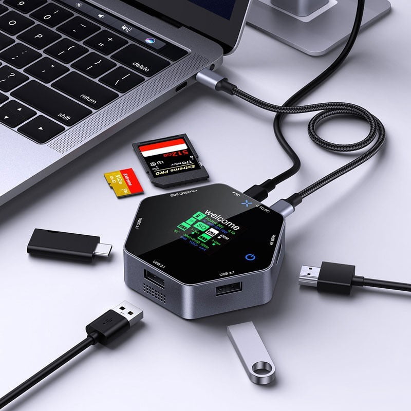8-in-1 USB C Hub Docking Station with Smart Digital Display, 4K@60Hz HDMI, USB 3.1 10Gbps Ports, SD/TF Card Reader, Type C Multiport Adapter for MacBook Pro, iPad, and Laptop