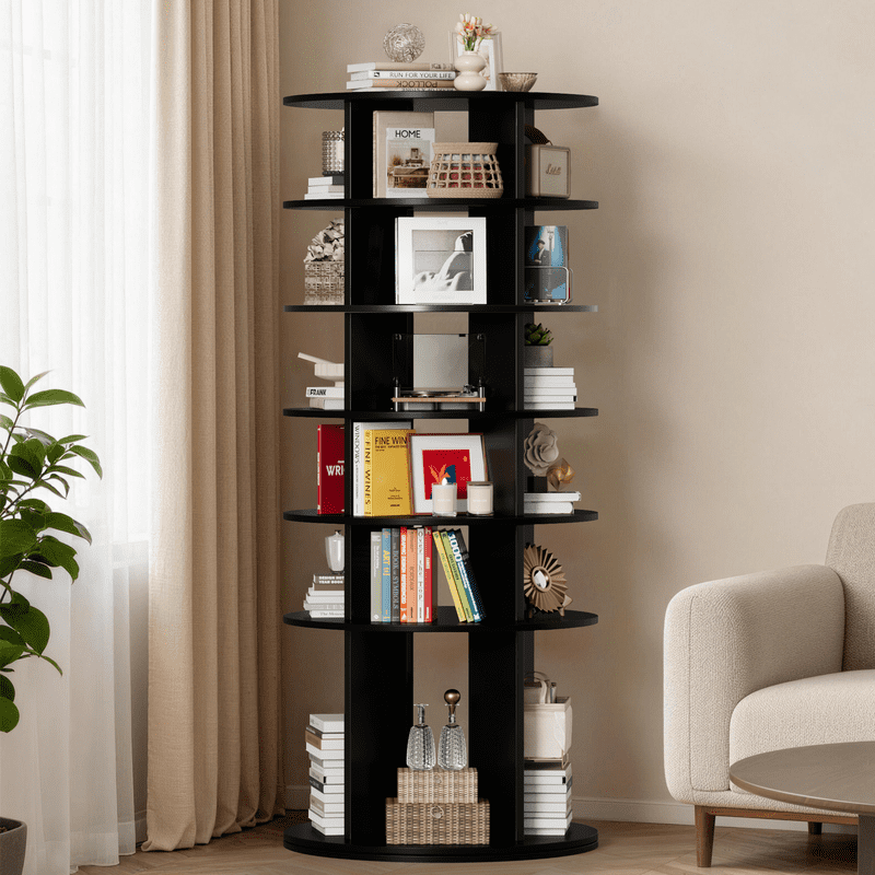 Vineego 6-Tier 360° Rotating Shoe Rack, Round Spinning Storage Organizer for Shoes, Boots & Accessories, Freestanding Tall Display Shelf for Entryway, Closet & Bedroom, Black Finish