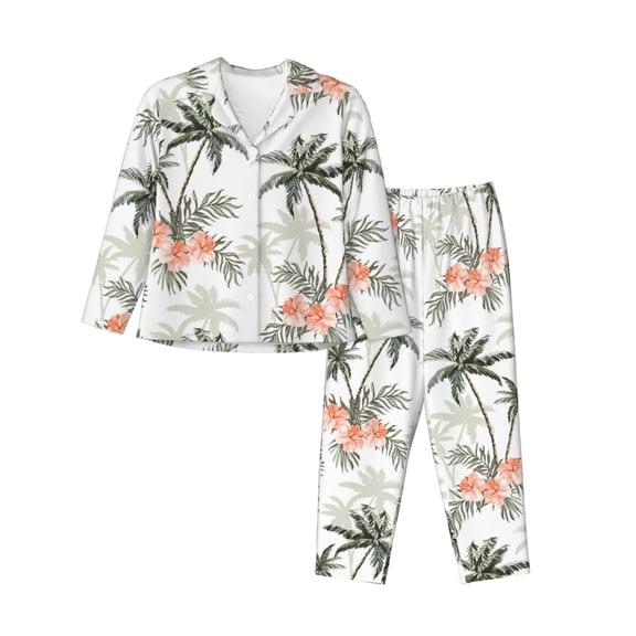 Pajamas for Women Set - Vintage Palm Trees Comfy Long Sleeve Button Up Pajama Sets for Women 2 Piece, Soft Sleepwear Nightwear Pjs Lounge Sets for Women with Pockets