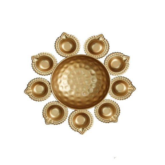 Urli Bowl with 10 Attached Oil Diyas for (Metal, 29 Cm X 5 Cm) - Decoration Items for Living Room Pooja Room Uruli Bowls Aesthetic Decorative Items for Home Décor