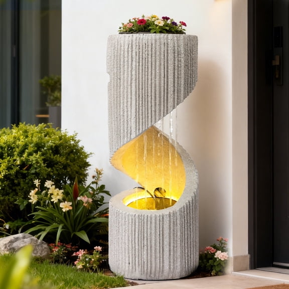 30" S-Shaped Outdoor Water Fountain, Freestanding Spiral Garden Fountain with LED Lights & Pump, Indoor/Outdoor Resin Waterfall Feature for Patio, Yard, Balcony or Home Decor