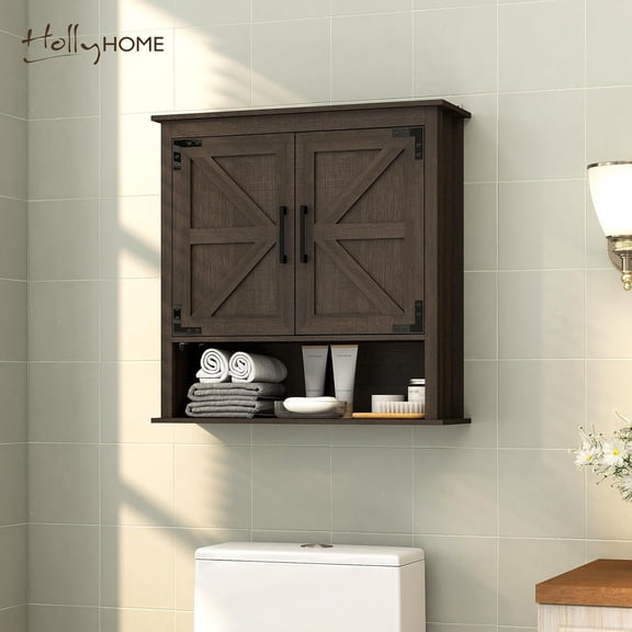 Farmhouse Wall Cabinet with Barn Door and Adjustable Shelves for Bathroom Storage