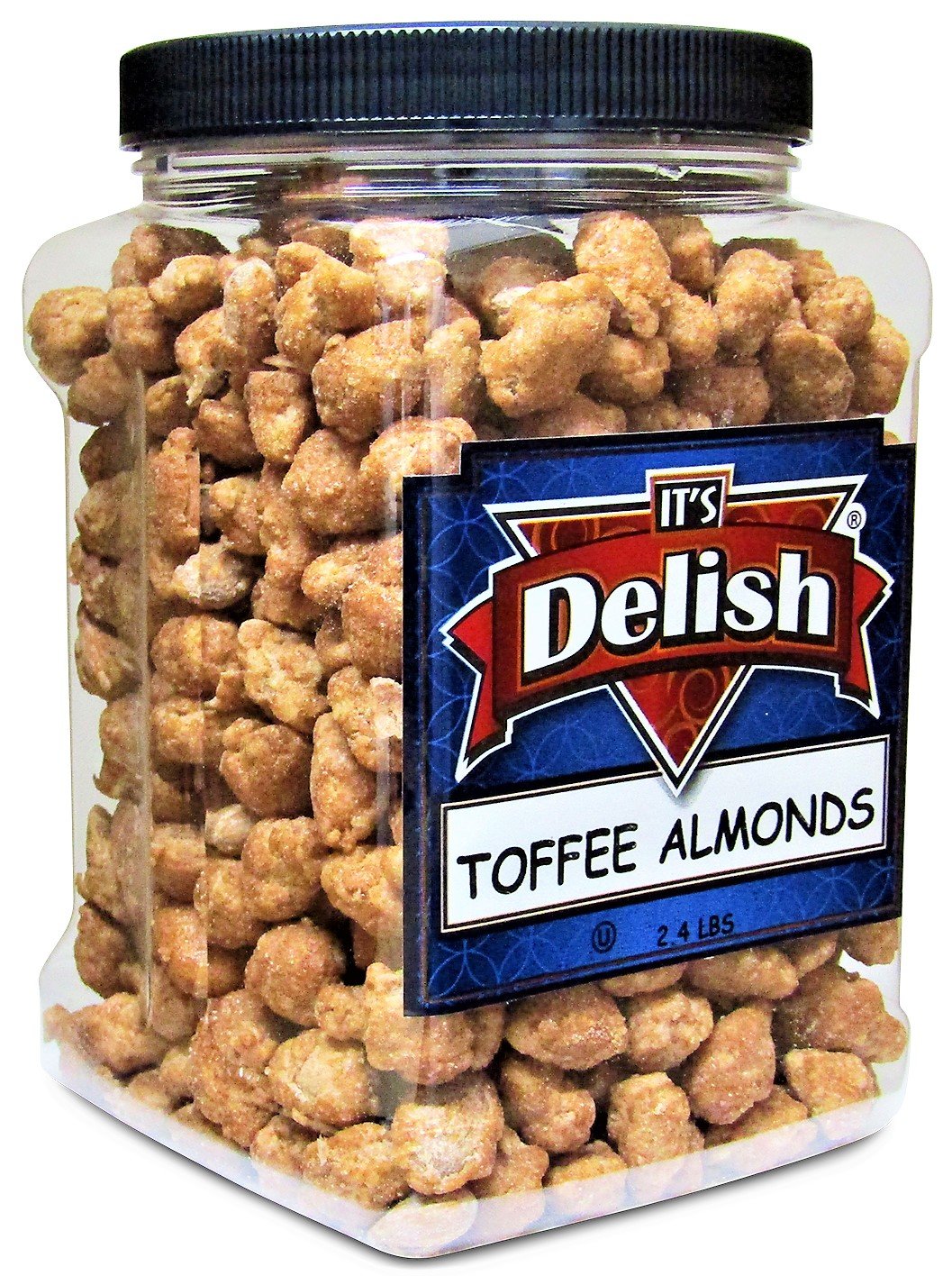 Gourmet Toffee Coated Almonds by Its Delish - 2.4 LB Jumbo Reusable Container Jar - Sweet Crunchy Caramelized Almond Nuts Snack