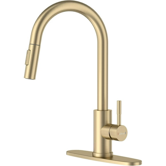 ERDS-Kitchen Faucet with Pull Down Sprayer Gold, Single-Handle High Arc Swan-Neck Modern Kitchen Sink Taps Robinet de Cuisine Or Brossé