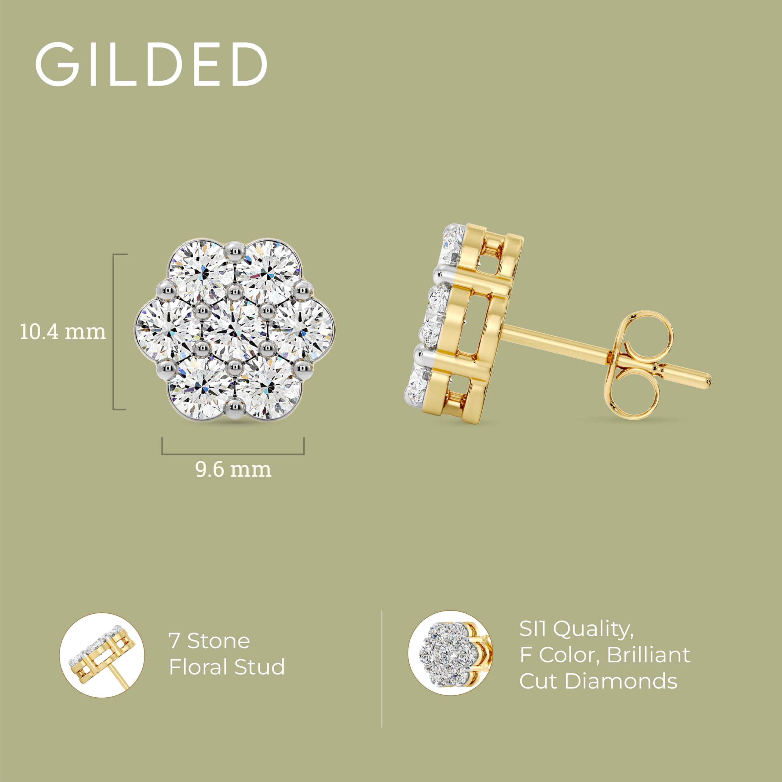 Gilded 2 Carat Total Weight Lab-Grown Diamond 14KT Yellow Gold Plated Silver Stud Earrings for Women, 7-Stone Flower Shaped, Hypoallergenic Fine Jewelry, Prong Setting, Push Back SI1 Clarity, F Color