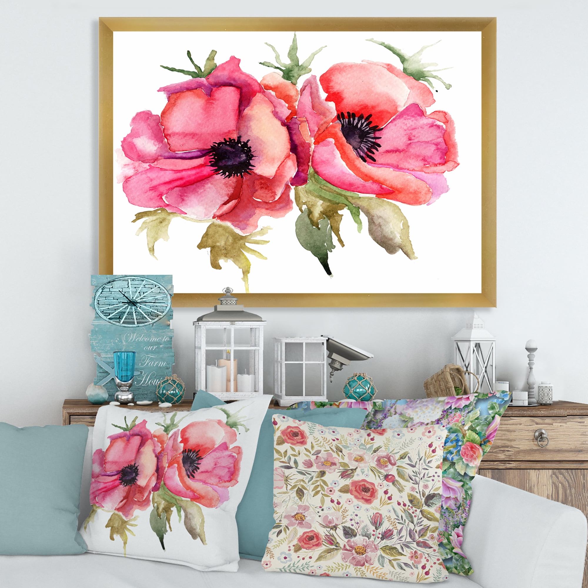 Designart 'Stylized Pink Poppy Flowers' Traditional Framed Art Print