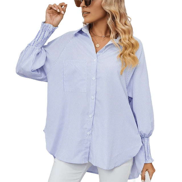 Camisas de Rayas con Botones para Mujer, Blusas Tipo Túnica de Larga, Azul, Talla L