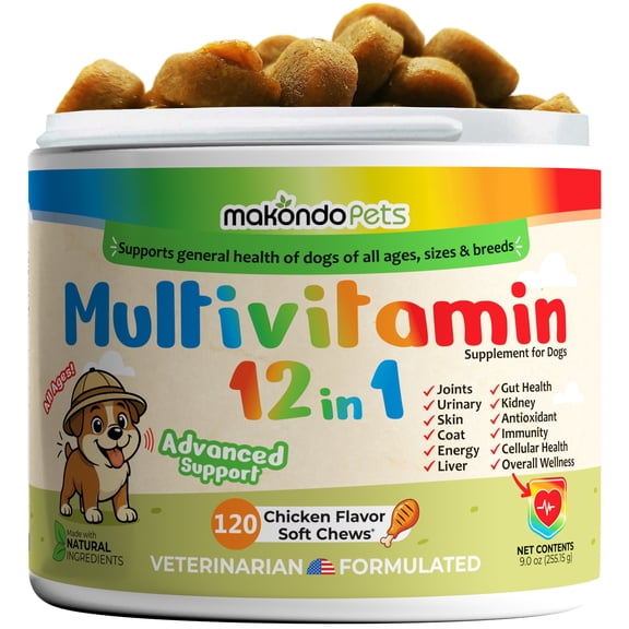 Makondo Pets Overall Wellbeing Multivitamin Soft Chews for Dog, Chicken Flavor, 120 Count Jar