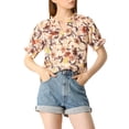 thumbnail image 5 of MODA NOVA Juniors Floral Ruffled Short Sleeve Ruffle Neck Casual Blouses Beige S, 5 of 6