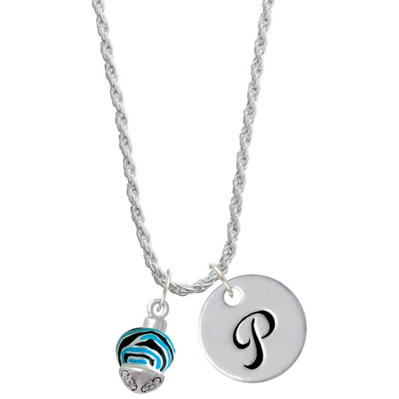 Delight Jewelry Silvertone Wide Hot Blue Zebra Print Band Spinner Silvertone Script Initial Disc - P - Charm Necklace, 20"+3"