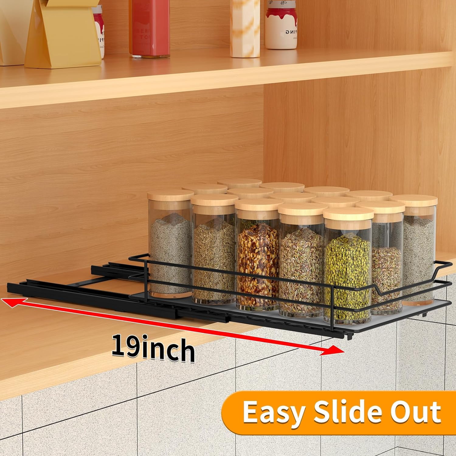 BOIVSHI Pull Out Spice Rack Organizer for Cabinet, Heavy Duty Slide Out Spice Rack Organizer for Kitchen Cabinets and Pantry, Fits Spices, Sauces, Canned Food (6.5''Wx10.5''Dx2.5''H)