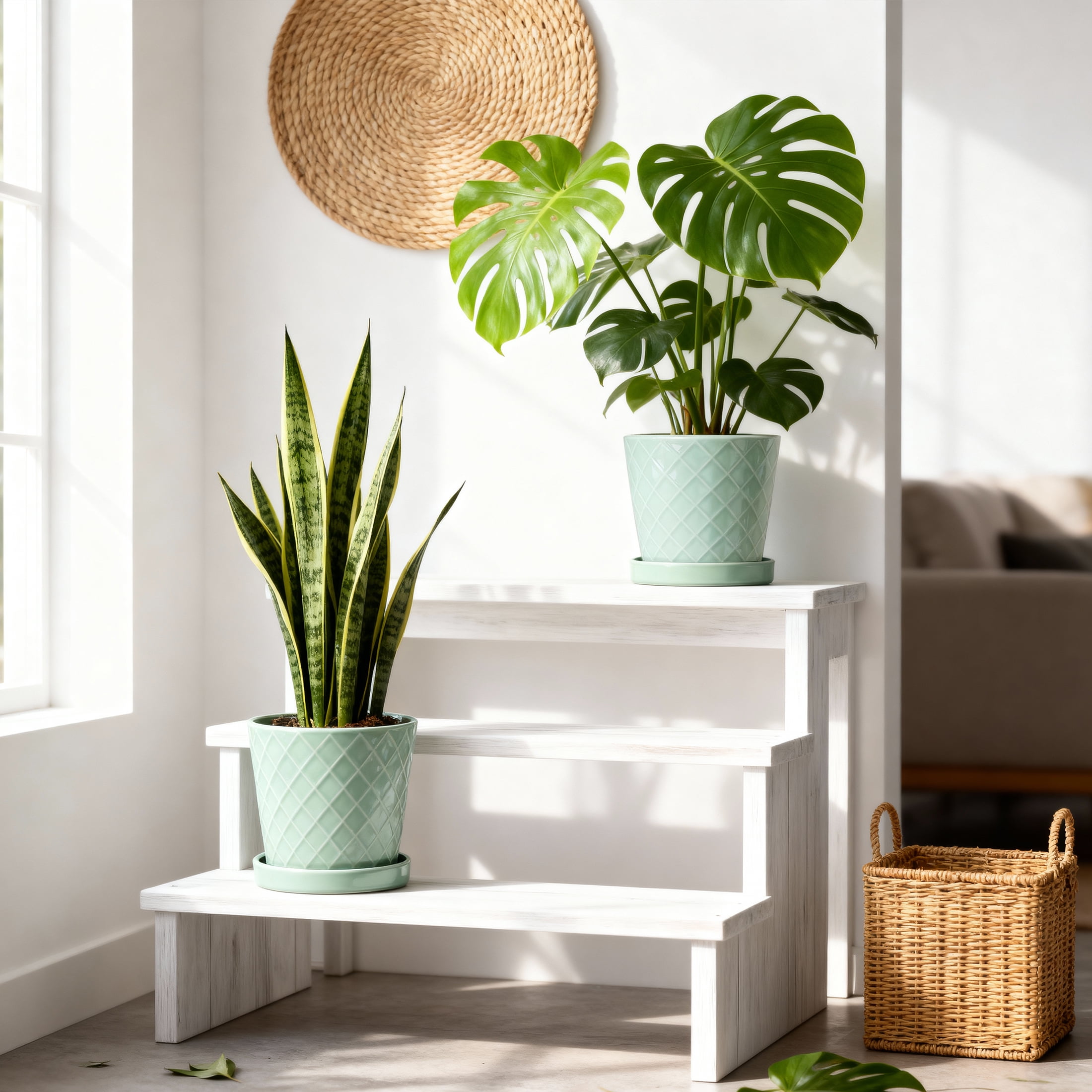 BUYMAX Plant Pots Indoor –6 inch Ceramic Flower Pot with Drainage Hole and Ceramic Tray - Gardening Home Desktop Office Windowsill Decoration, Set of 2(Green)Same pattern
