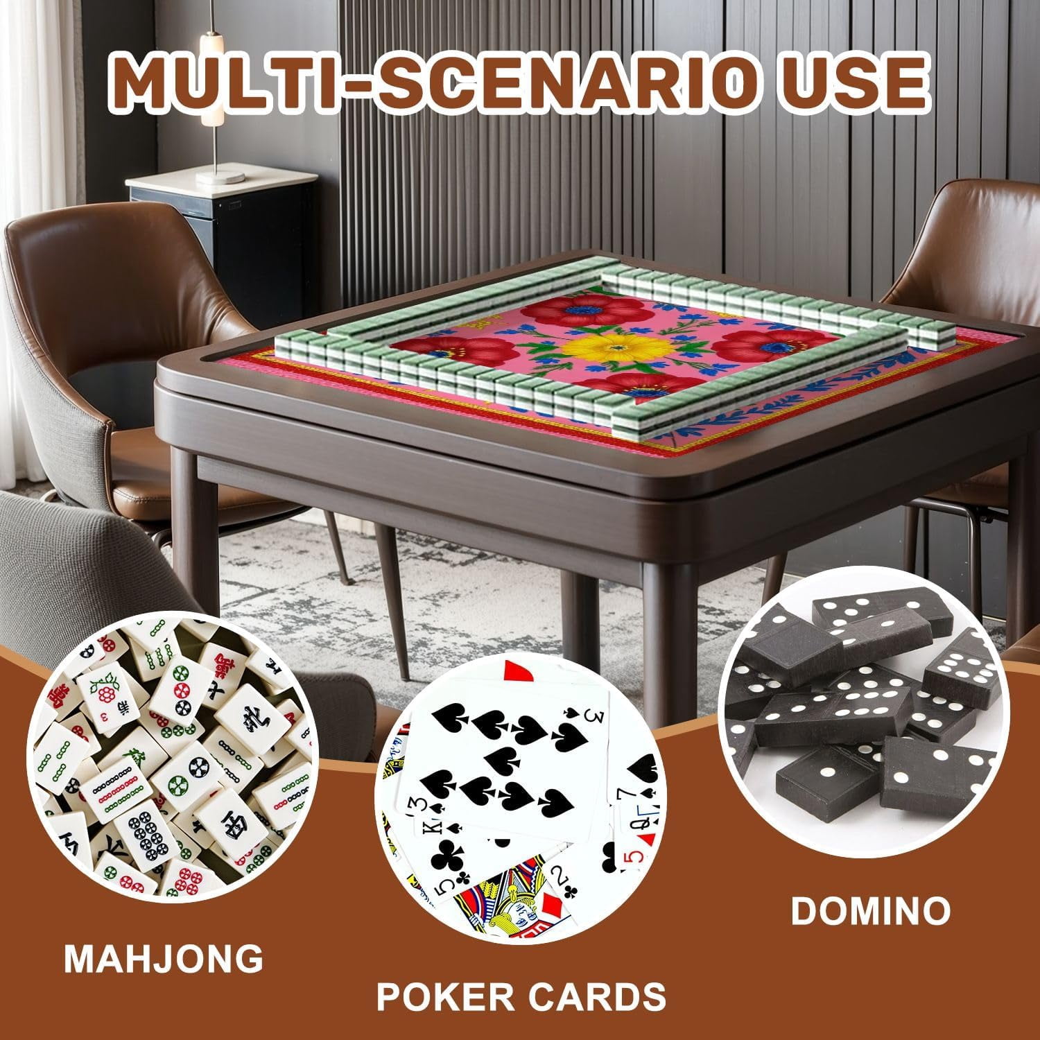 Mahjong Mat 31.5" x 31.5" Vibrant Red Yellow Floral Blue Leaves Pink Folk Art Style Non-Slip Noise Reduction Mahjong Tiles Table Cover for Dominoes Poker Card Board and Tile Games Gift