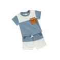thumbnail image 2 of Yunliwuli Toddler Boy Summer Clothes Contrast Color Short Sleeve Pocket T-Shirt with Elastic Waist Shorts 2Pcs Outfit, 2 of 10