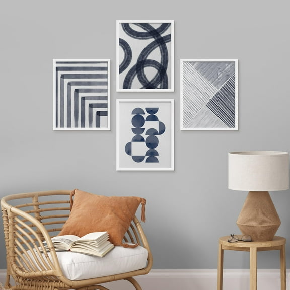 PixonSign Framed Wall Art Blue Pastel Geometric Patterns Prints, Set of 4 Abstract Shapes Wall Decor Arts, Geometric Wall Dcor, Adhesive Canvas Poster, Modern Home Artwork - 8"x10" White