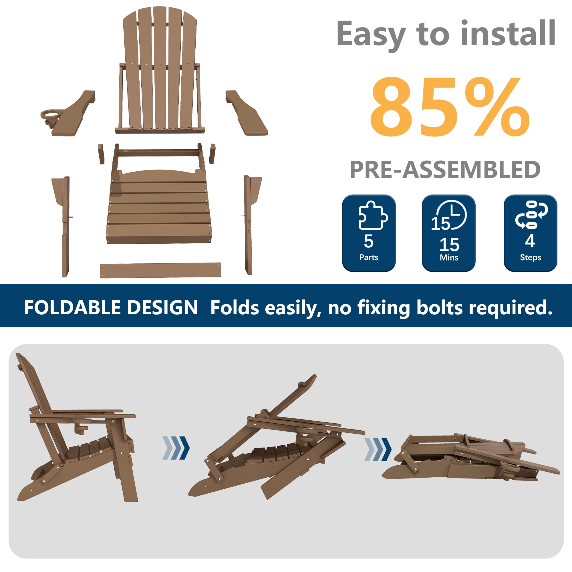FOOWIN HDPE Folding Adirondack Chair with Cup Holder, Fire Pit Chairs Set of 6, Brown