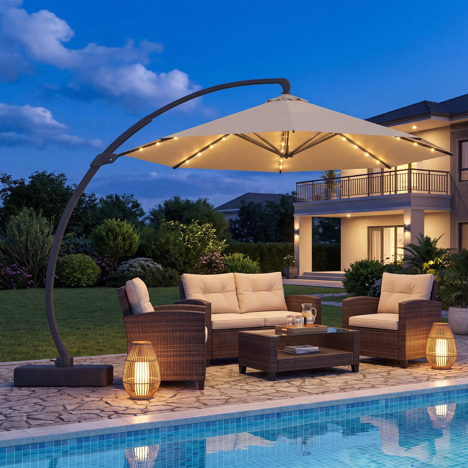BaPiPro 11FT Offset Cantilever Patio Umbrella with Solar LED, 360° Rotation Tilt Adjust, UV Canopy Top Vent, Weighted Base Included, Beige Outdoor Sun Shade Backyard Pool Garden Deck