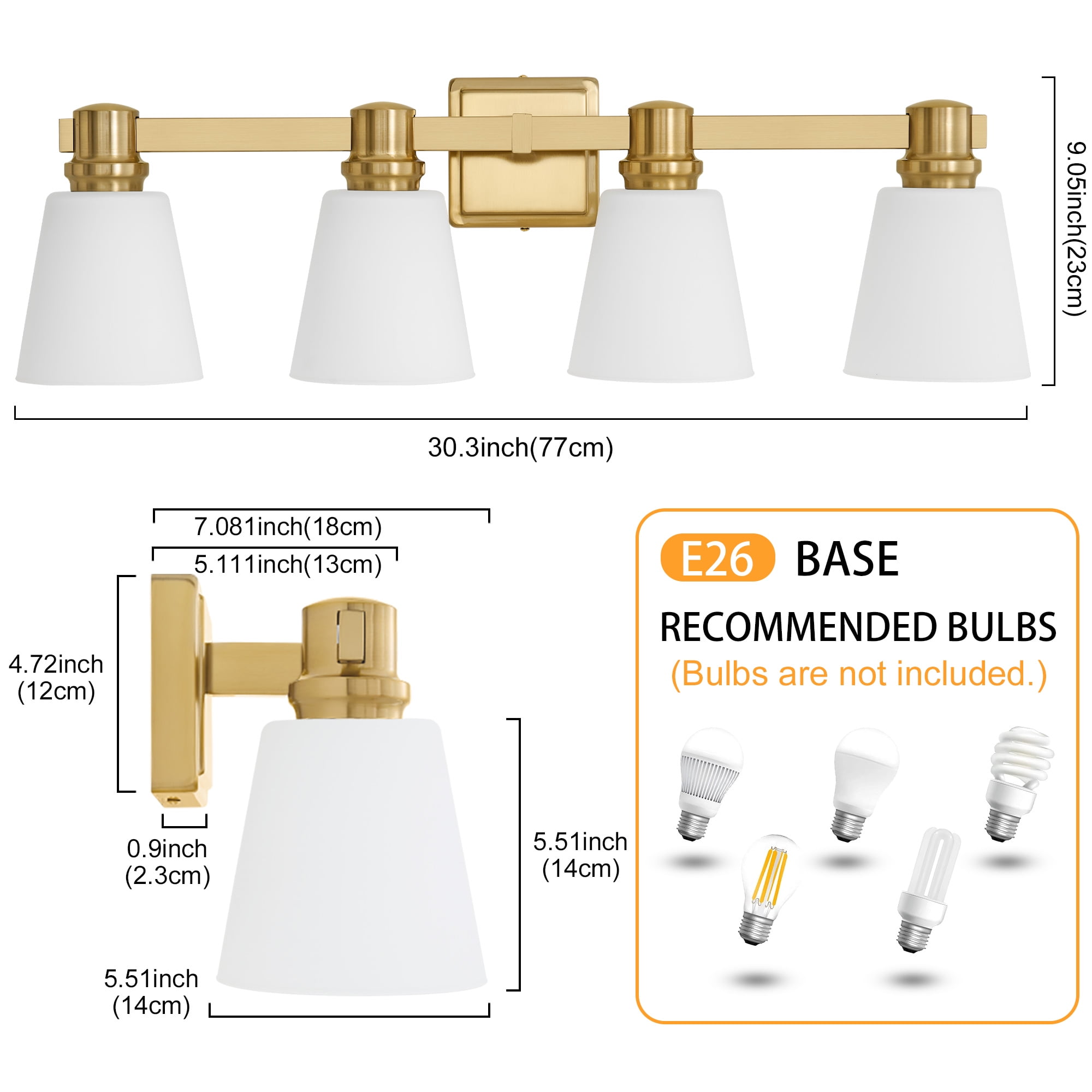 Deyidn 30" 4-Light Vanity Light, Gold Dimmable Bathroom Light Fixture with Milk White Cone Shades for Modern Farmhouse
