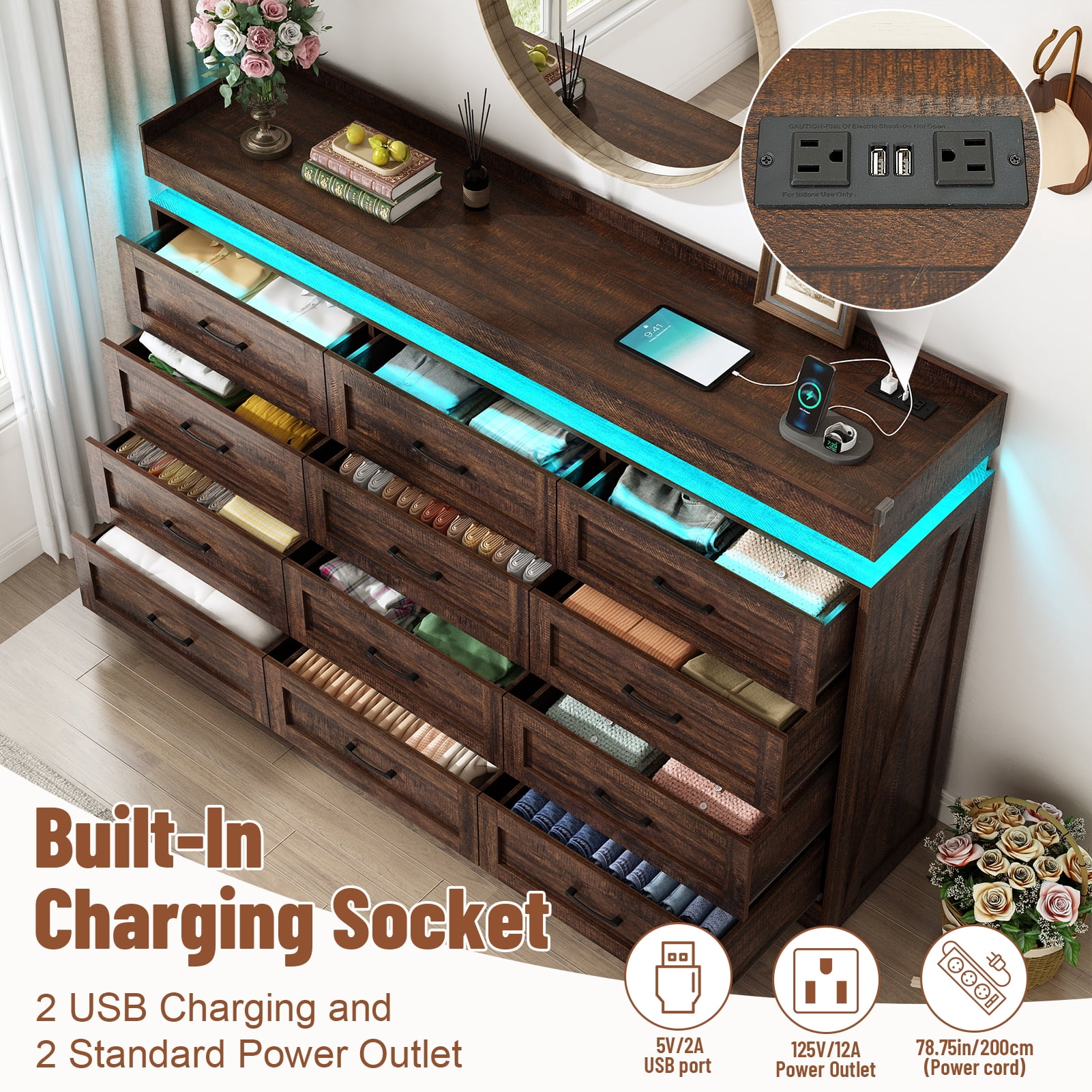 ChVans 12 Drawer Dresser with LED Light and Charging Station, 71" Wide 46" Tall Farmhouse Large Chest of Drawers for Closet, Large Wide Drawer Organizer Cabinet for Bedroom, Living Room