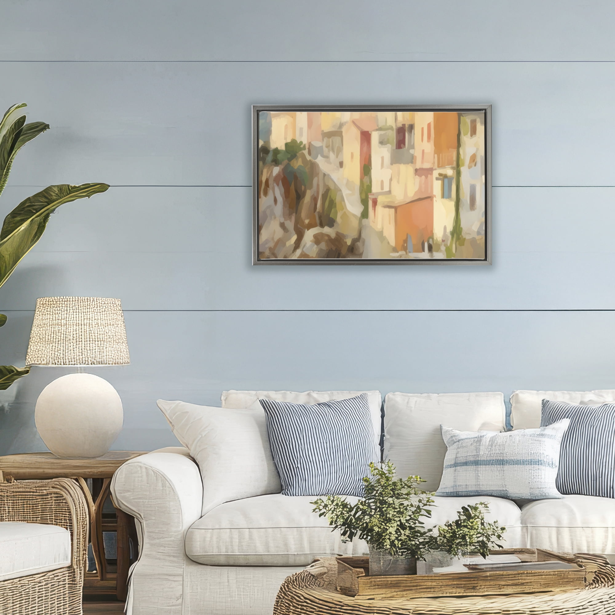 Stupell Industries Colorful Coastal Town by Sea Gray Framed Floater Canvas Wall Art, design by Creative Studio