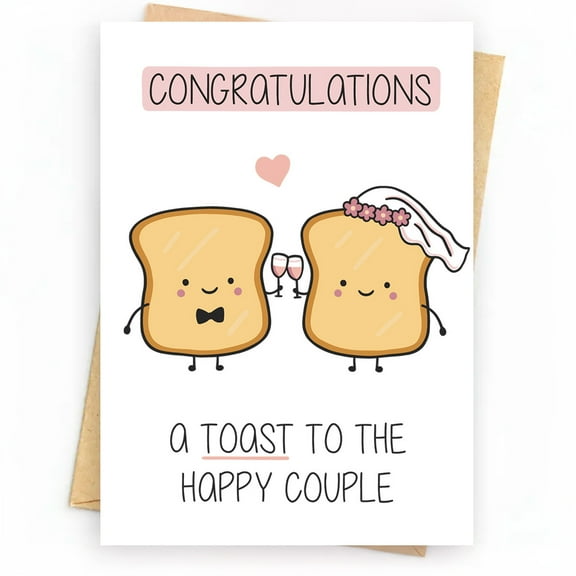 Wedding Congratulations Card – Cute Toasting Bread Characters – Perfect for Celebrating Newlyweds – Envelope Included, Blank Inside