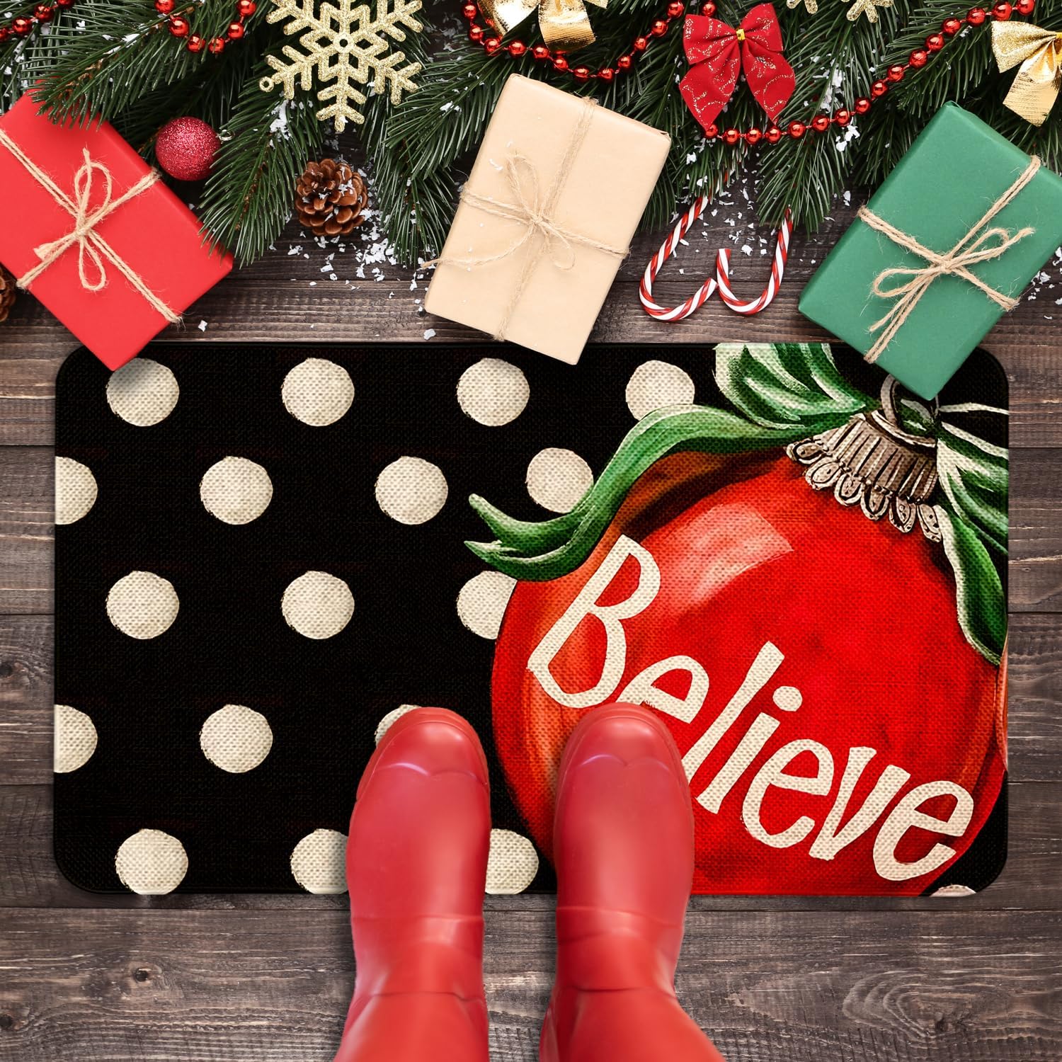 Merry Christmas Door Mat 17x29 Inch Black Believe Doormat Decorative Outdoor Winter Decoration Indoor Outdoor Entrance Floor mat, Non Slip Welcome Party Decor