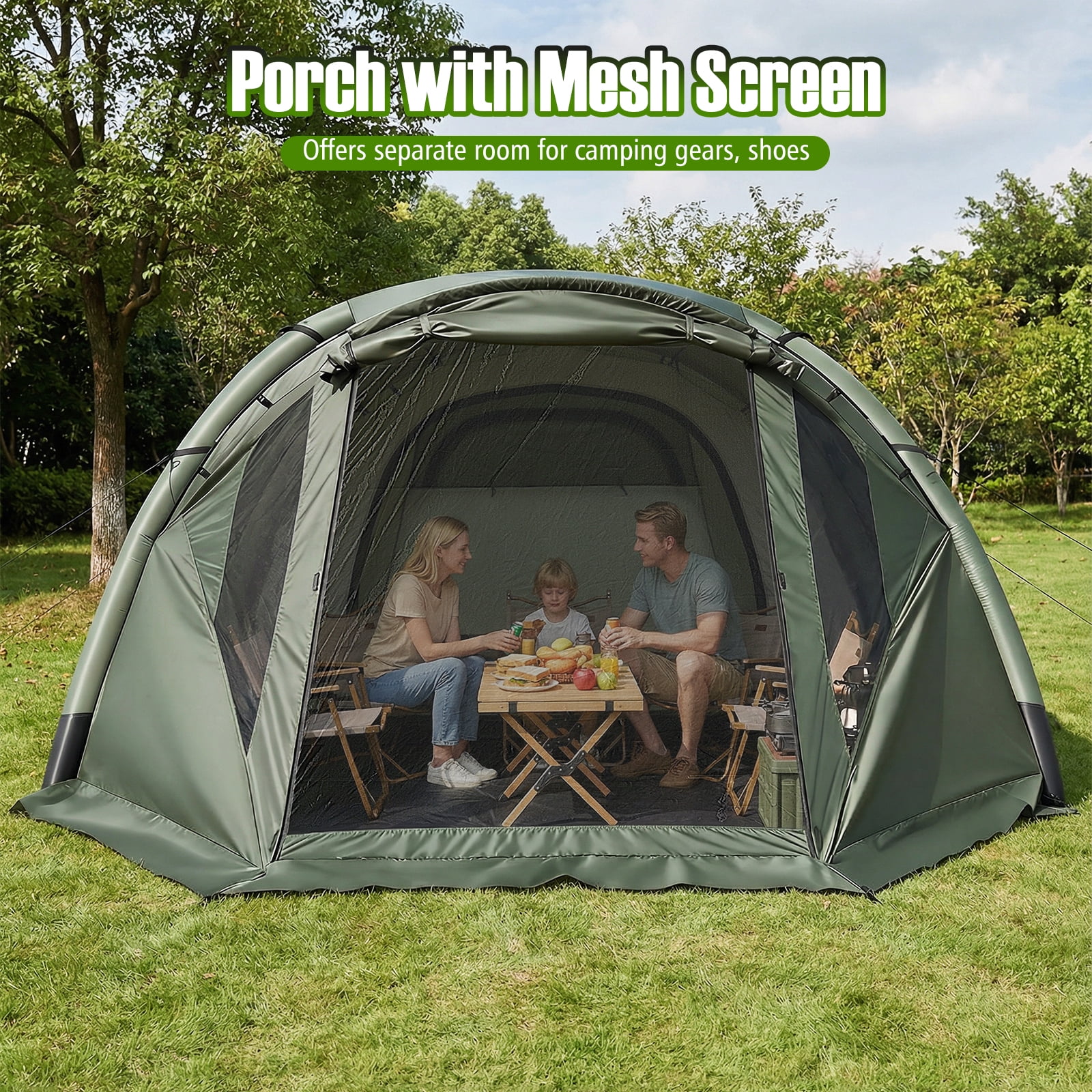 Costway Inflatable Camping Tent with Screened Porch, Mesh & Transparent Windows, Door