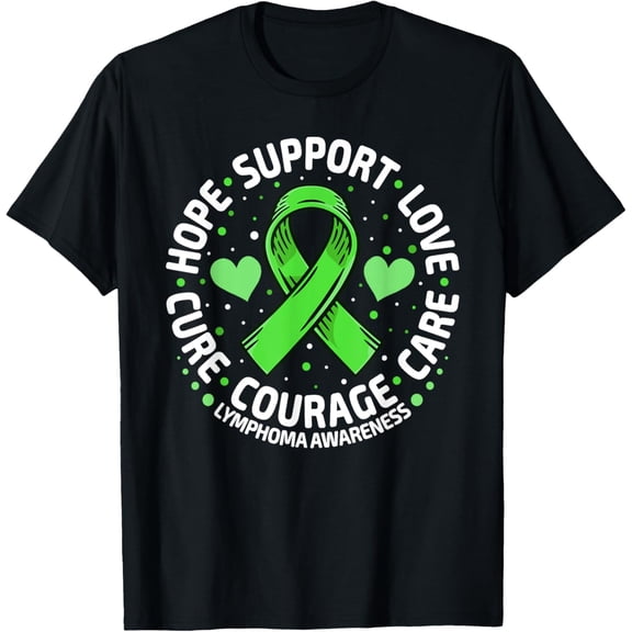 Lymphoma Awareness Support T-Shirt Hope Love Courage Cure Lime Green Ribbon Graphic Tee for Men and Women Retro Style Awareness Apparel