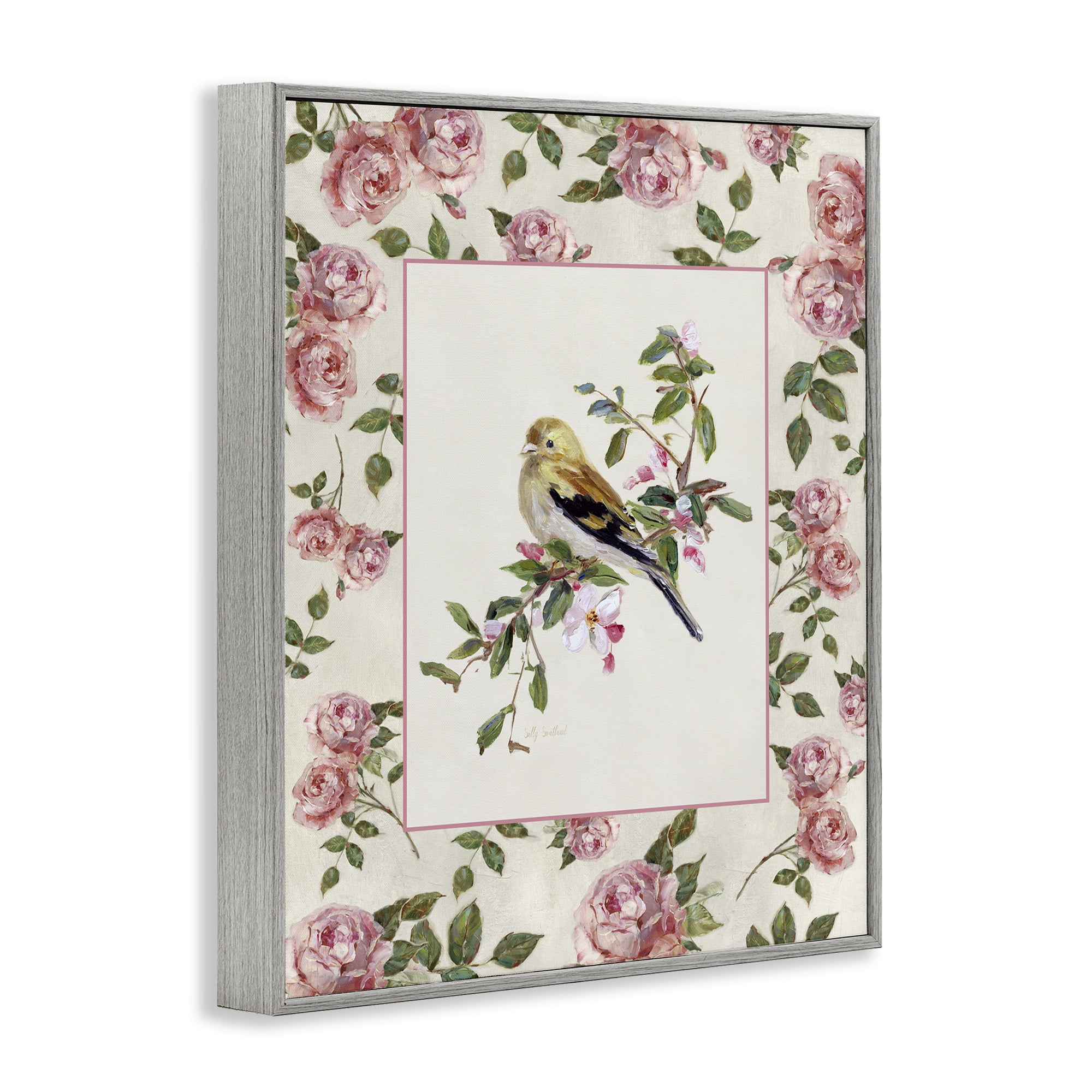 Stupell Industries Perched Bird with Dainty Roses Gray Framed Giclee Art, design by Sally Swatland