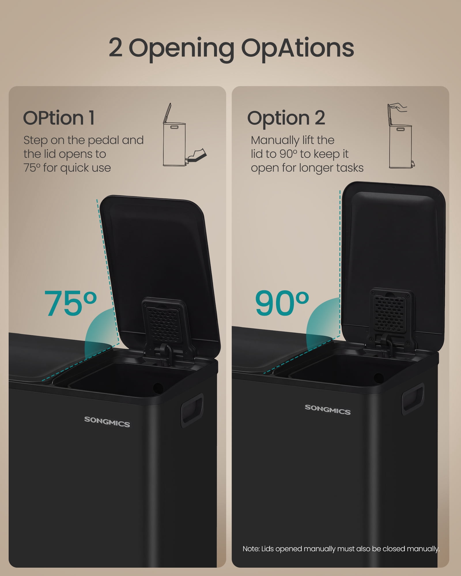 SONGMICS Kitchen Dual Trash Can, 13 + 5.3 Gallon 2-Compartment Trash Bin,Stainless Steel Garbage Can, Pedals, Soft-Close Lids, Inner Buckets, Black