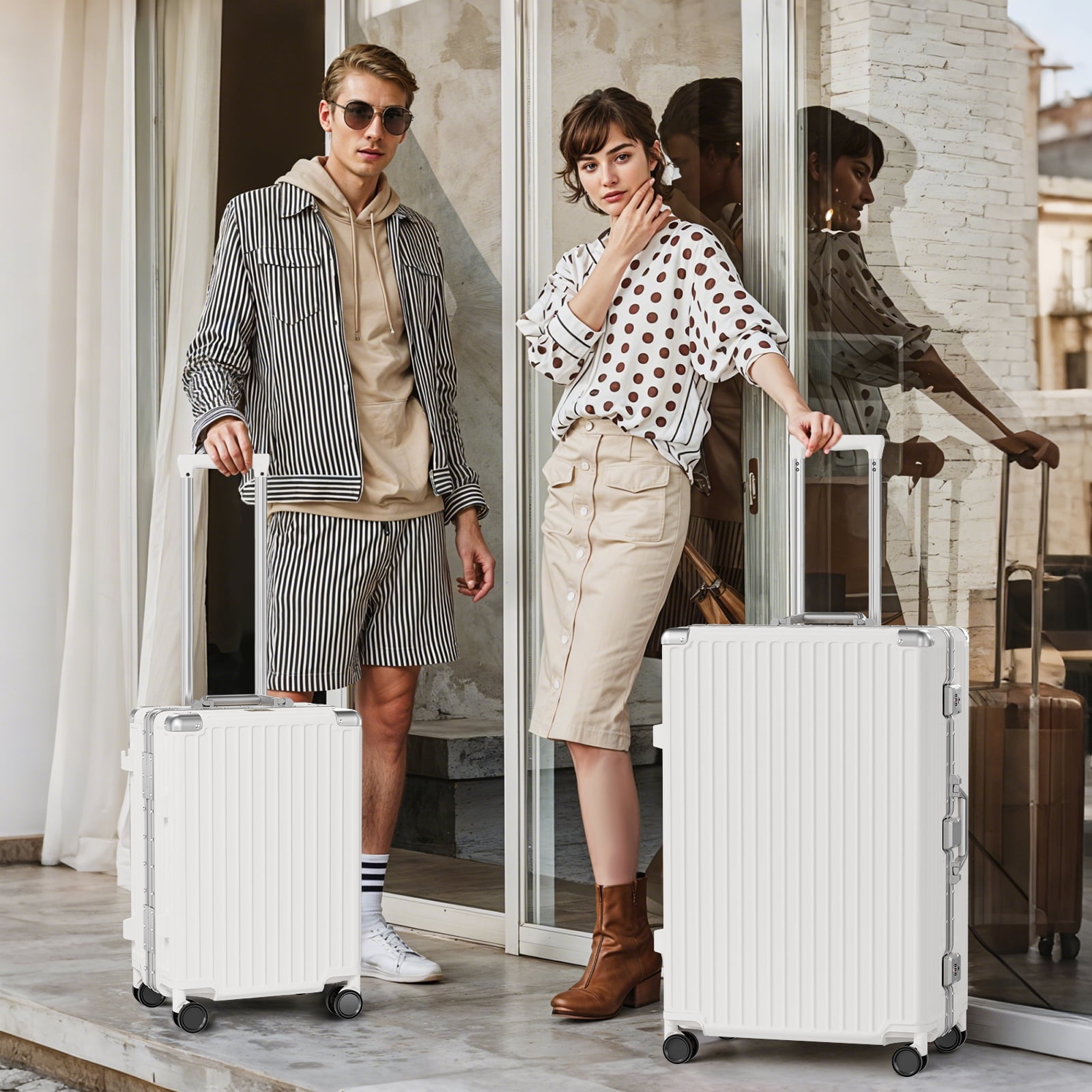 Luggage Sets 2 Piece Hard Shell PC ABS Aluminium Frame Suitcase with Spinner Wheels TSA Lock Zipperless 20 28 inch White
