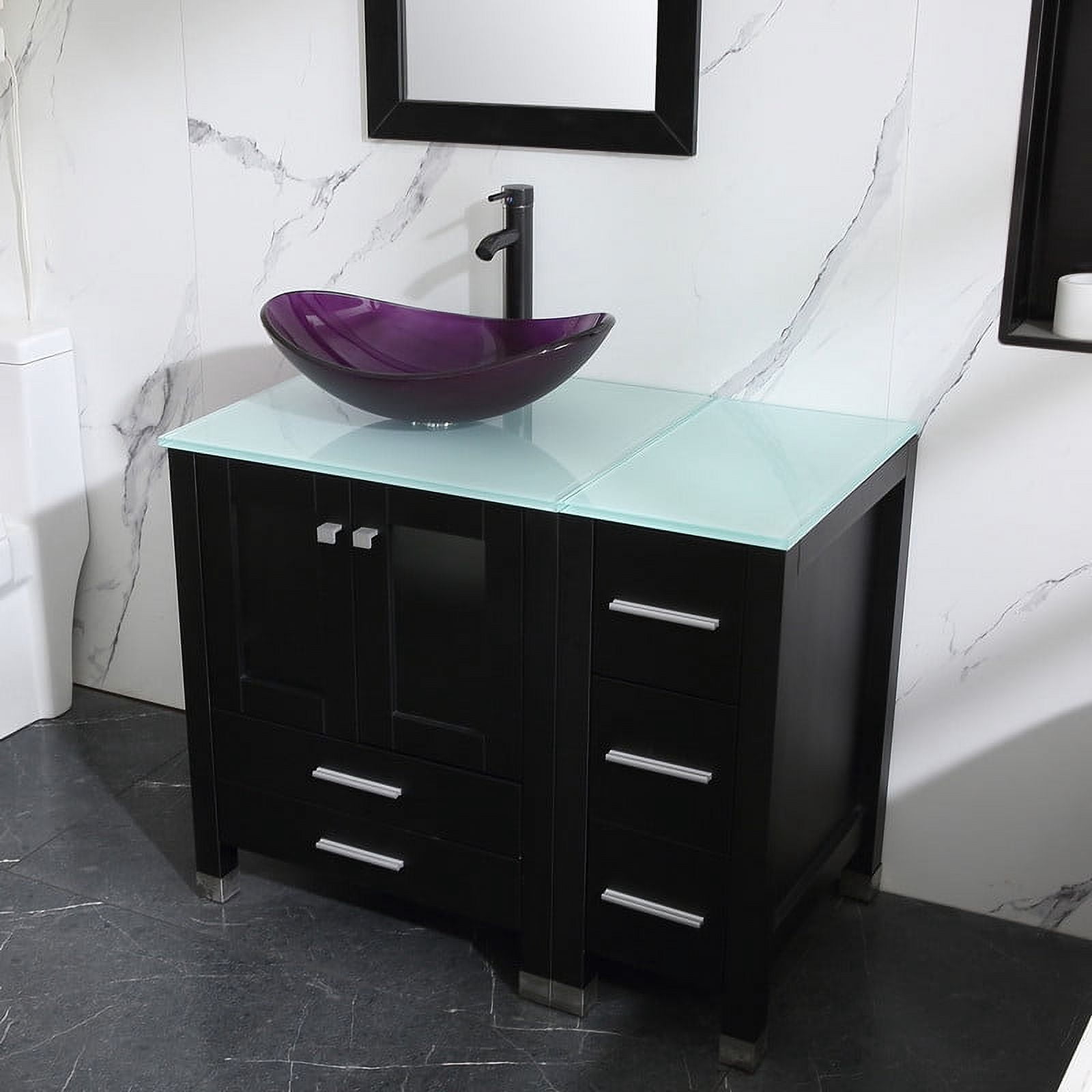 Walsport 36" Luxurious Bathroom Vanity with Purple Tempered Glass Vessel Sink Bowl and Countertop and Mirror and Faucet,Stand Floor Cabinet Bathroom Storage Vanity with Pop Up Drain,Black