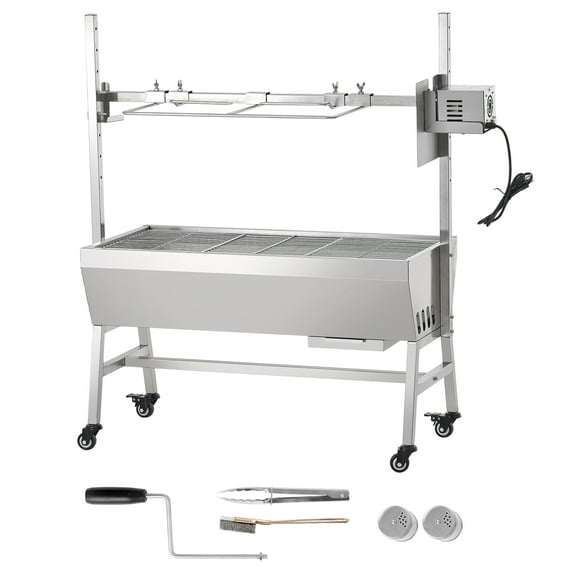 KFFKFF Enhanced Rotisserie Grill, 35" with 90 Lbs Load, Charcoal Spit Grill for Whole Pig, Lamb, Goat, Electric 42W Stainless Steel Roaster, Lockable Wheels, Ideal for Outdoor Camping