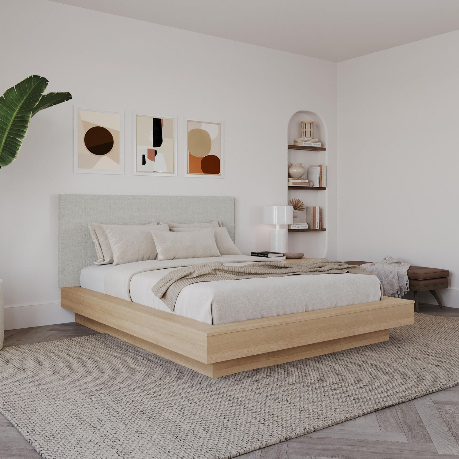 Julian 3 Piece Queen Size Bedroom Set with Platform Bed, Upholstered Headboard and Nightstand