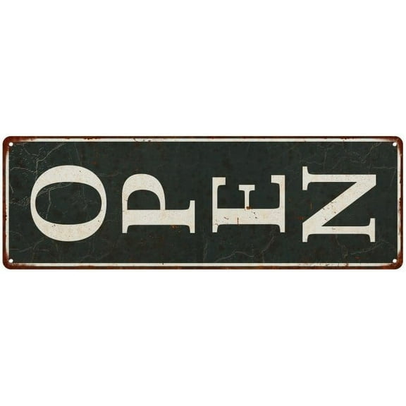 Vertical White on Black OPEN Sign Vintage Look Metal Sign 6x18 106180062009