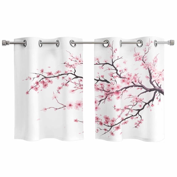 2 Panels Kitchen Tier Curtains 39 Inch Length, Pink Cherry Blossom Grommets Window Treatment Curtain, Spring Branches Floral Watercolor Thermal Curtains Drapes for Living Room/Bathroom