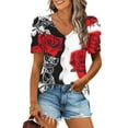 thumbnail image 2 of Olyvenn Womens Summer Shirt V Neck Short Sleeve Casual Tshirts Fashion Floral Print Puff Sleeve Tunic Tops for Women Red M, 2 of 5