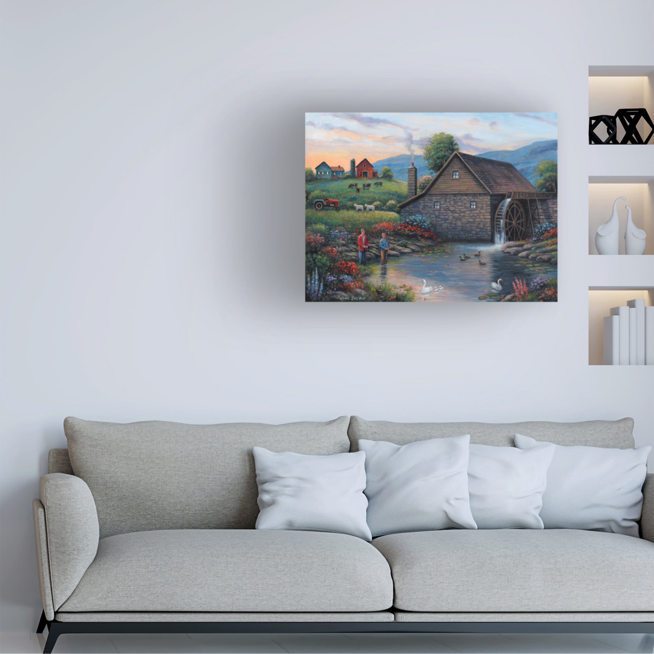 Canvas Wall Art - John Zaccheo 'Fishing by the Waterwheel' Wall Art for Living Room, Bedroom, or Office Décor by Trademark Fine Art - 32 x 24 Inches