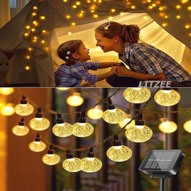 Cadena de luces solares para exteriores, luces de globo de cristal, resistentes al agua, encendido y apagado automático, 8 modos diferentes, fácil de instalar, funciona con energía solar, de larga