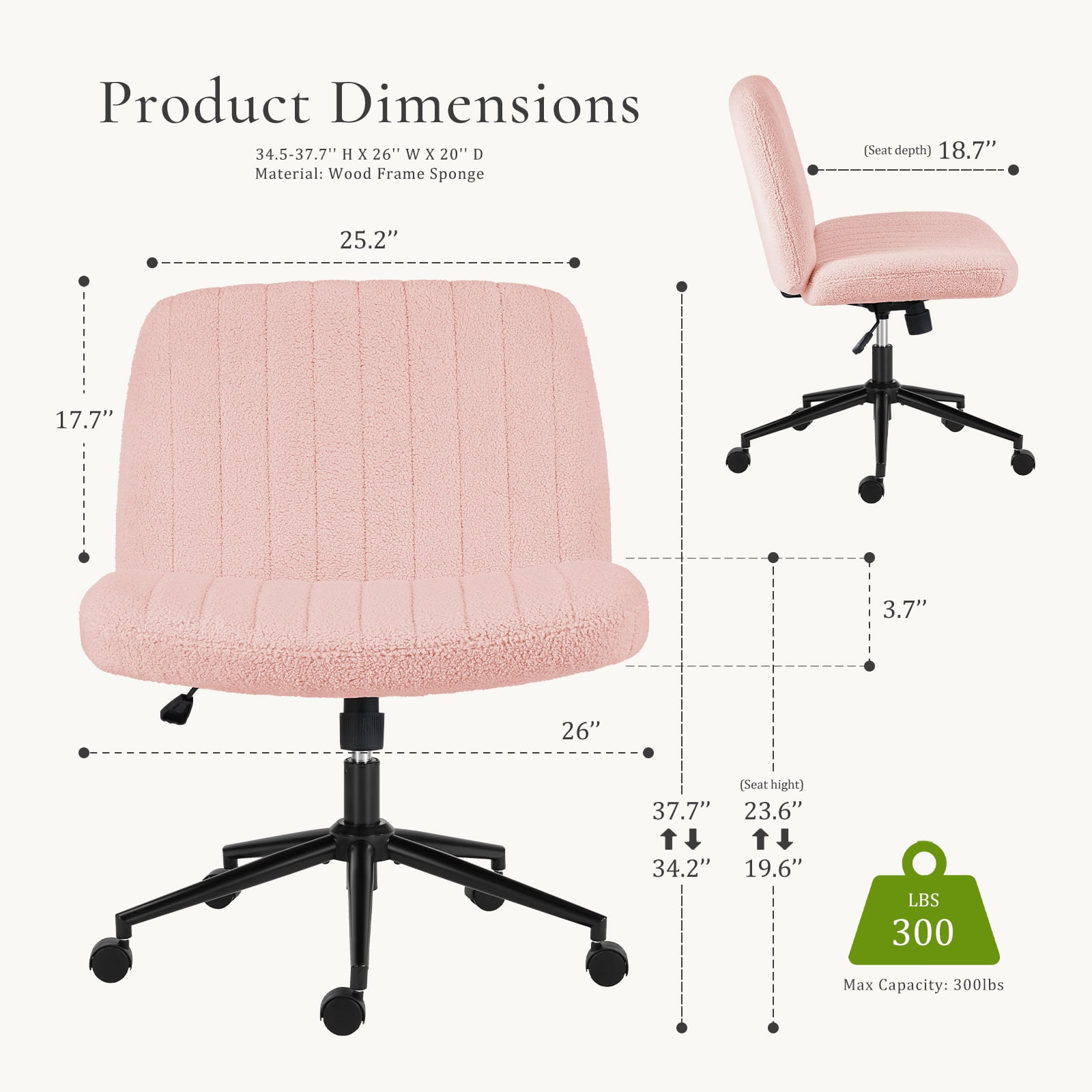 EDX Armless Office Chair Criss Cross Legged Chair with Wheels, Comfy Home Dressing Chairs, Pink