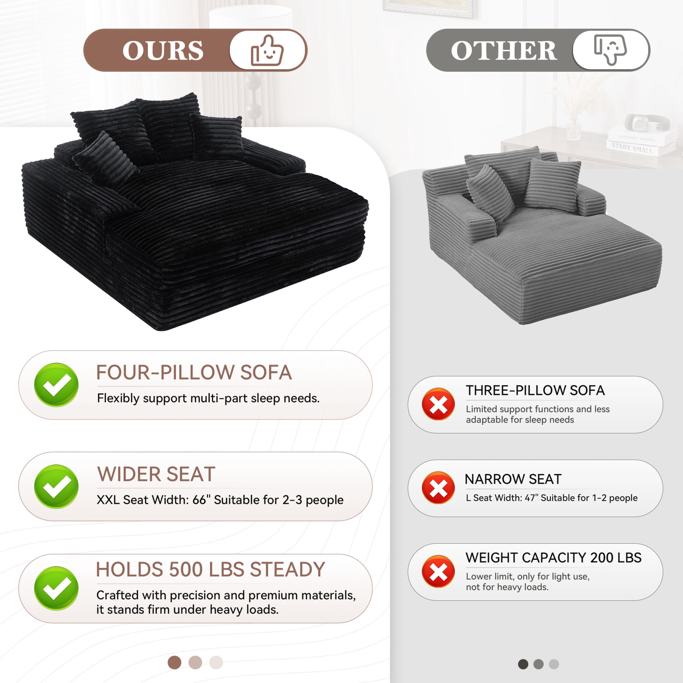 Noble House Heliox 68" Oversized Chaise Lounge Chair, Plush Corduroy Sleeper Sofa Bed with Removable Pillows, Black