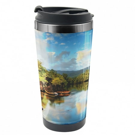 

Asian Travel Mug View of Jungle River Steel Thermal Cup 16 oz by Ambesonne