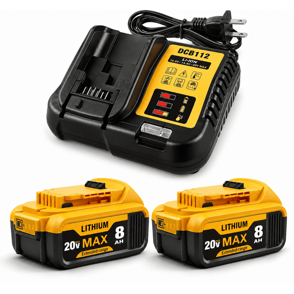 2 Pack 8.0Ah DCB200 Replacement for Dewalt 20V MAX Battery and DCB112 Charger Combo Compatible with 20V Battery Lithium DCB207 DCB204 DCB206 DCB201 DCB203 Series Power Tool