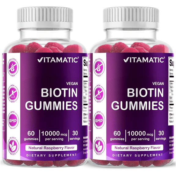 2 Pack - Vitamatic Biotin Gummies 10,000 mcg for Stronger Hair, Skin & Nails - 60 Vegan Gummies - Vitamin B7 (Total 120 Count)